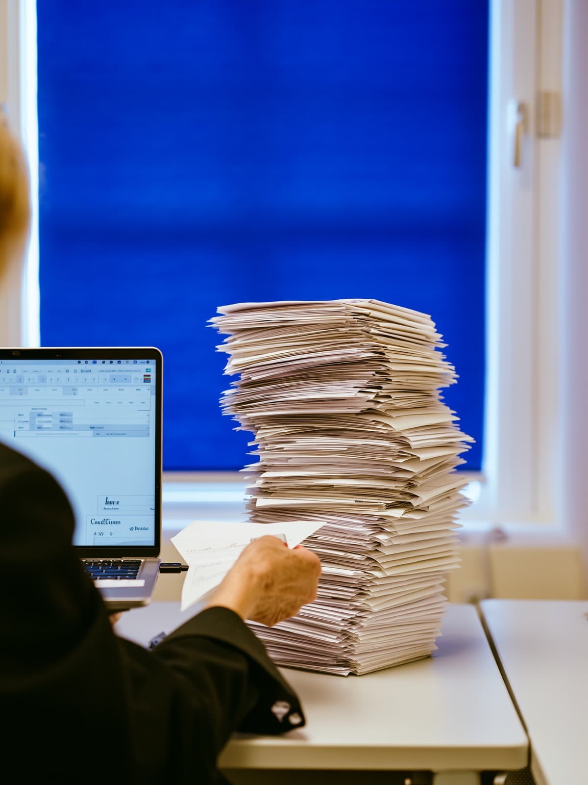 Bureau met een stapel papieren facturen naast een laptop