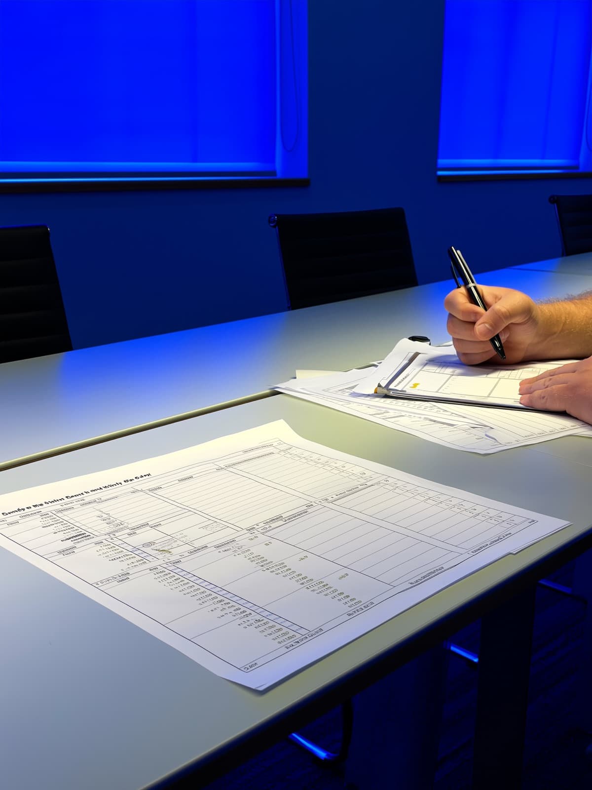Vergaderruimte met geprinte grafieken en spreadsheets op tafel
