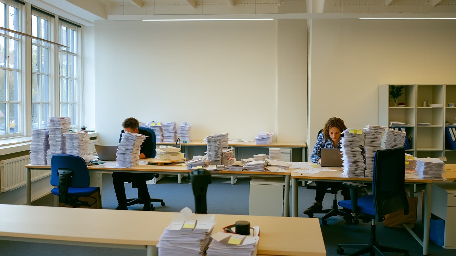 Kantoor van een MKB-bedrijf vol papierstapels — sleep de grens naar rechts om dezelfde ruimte na automatisering te zien, met lege bureaus