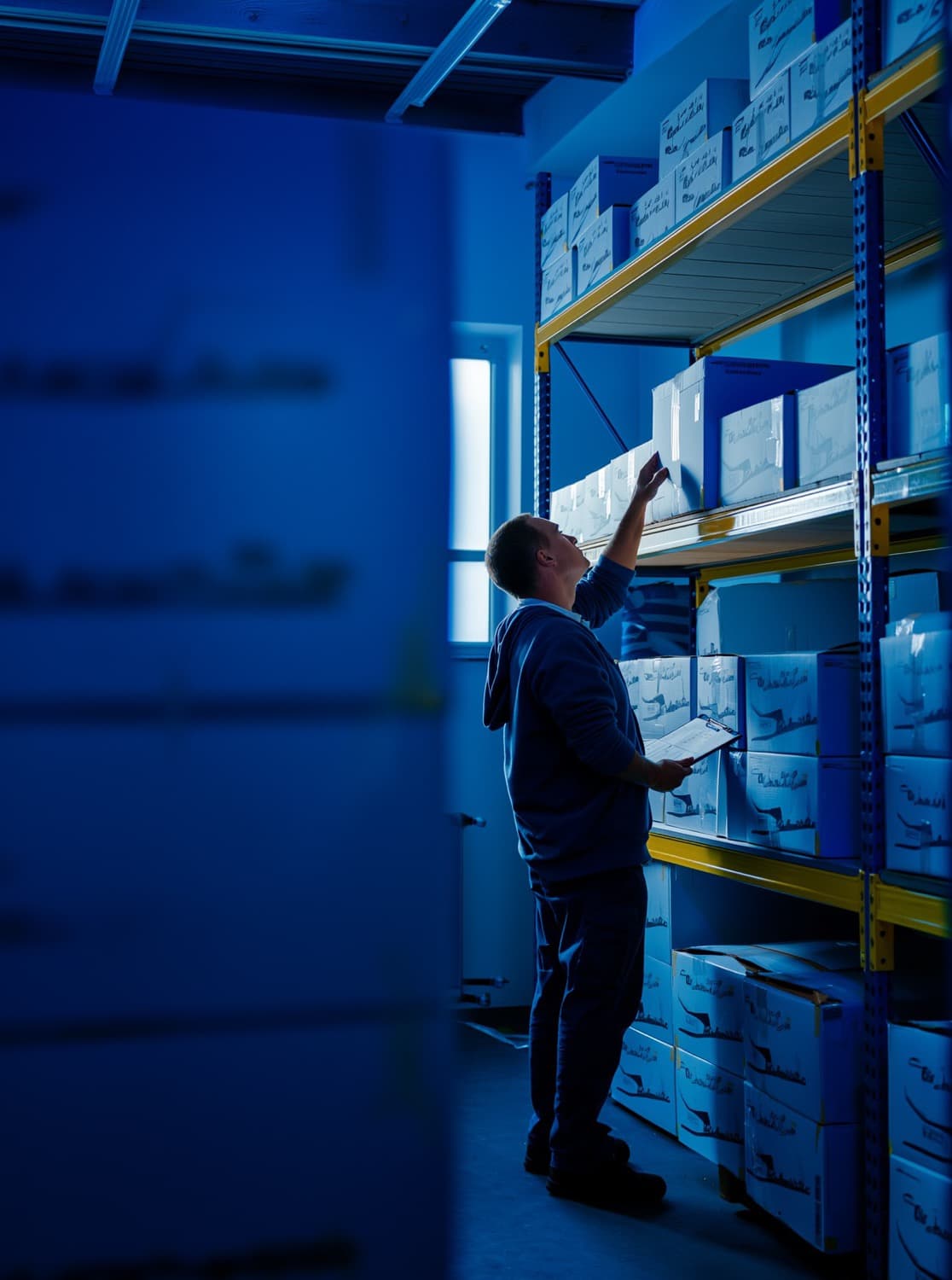 Magazijnmedewerker telt dozen op hoge stellingen