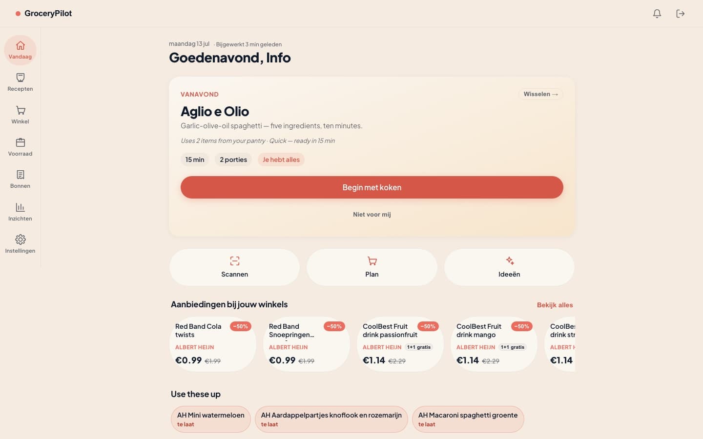 Dashboard van GroceryPilot met avondrecept, aanbiedingen bij jouw winkels en voorraad-inzichten