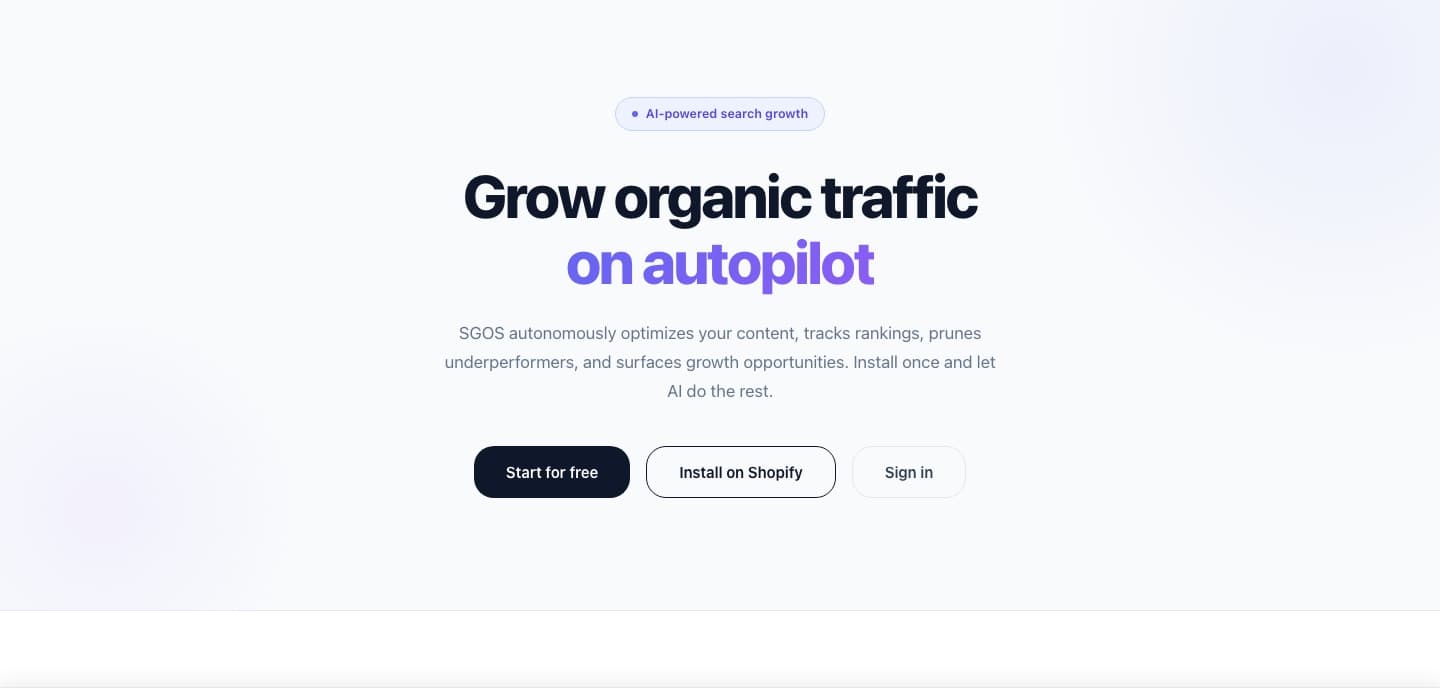 Homepage van SGOS.ai — Grow organic traffic on autopilot